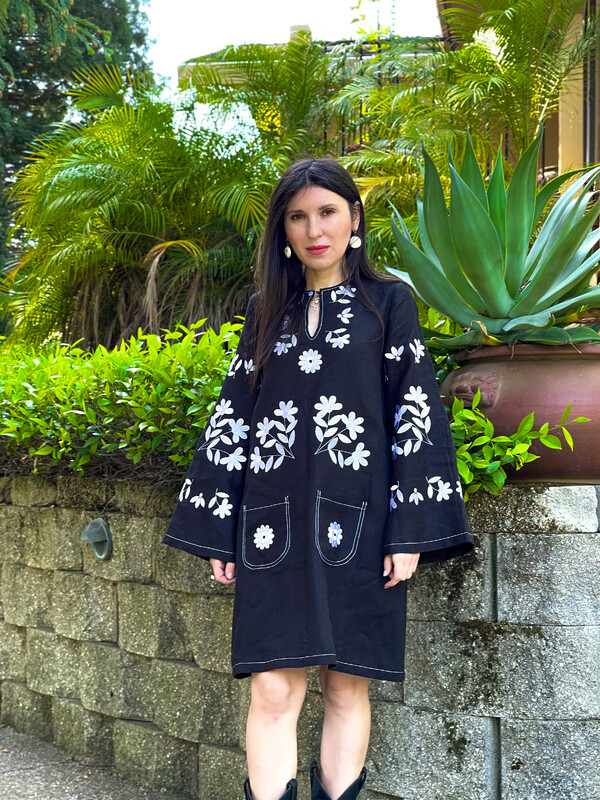 Linen Short Black Mini Dress Vyshyvanka Dress Stylish dress with pockets
