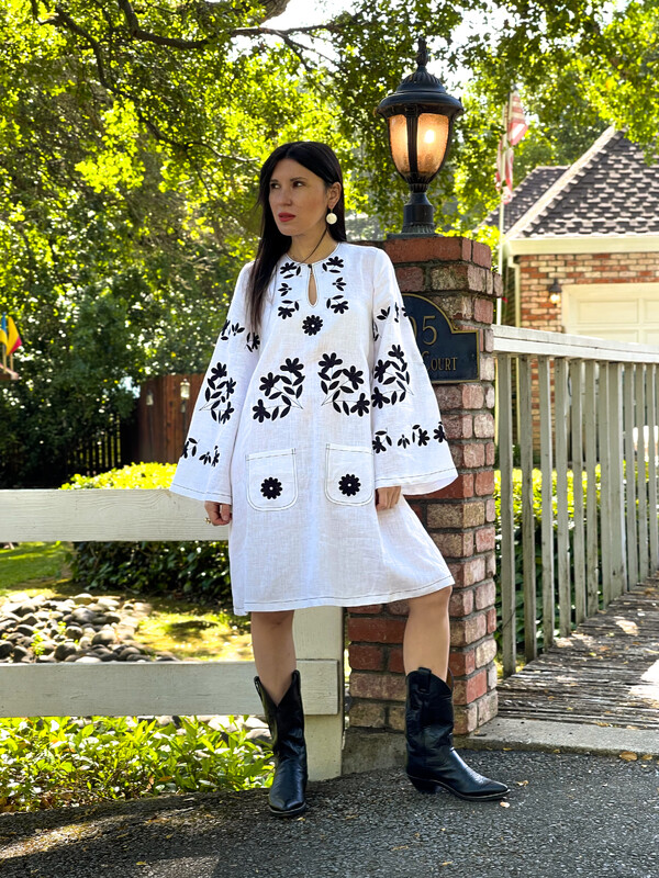 Linen Short White Mini Dress Vyshyvanka Dress Stylish dress with pockets