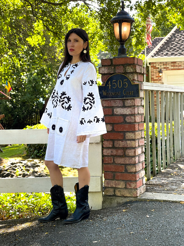 Linen Short White Mini Dress Vyshyvanka Dress Stylish dress with pockets