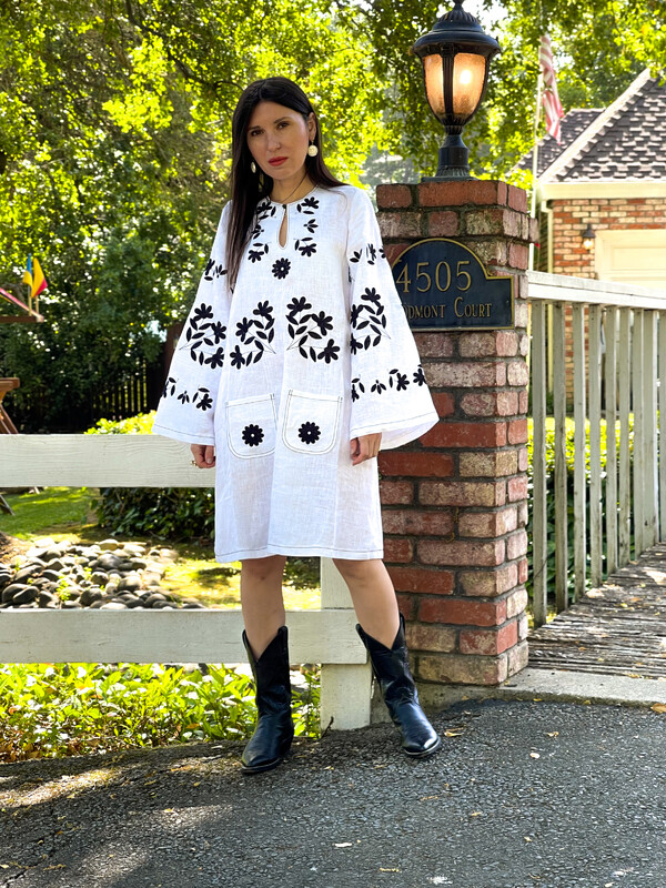 Linen Short White Mini Dress Vyshyvanka Dress Stylish dress with pockets