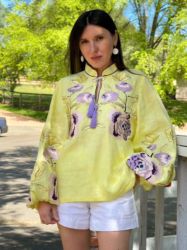 Embroidered Blouse, Yellow Blouse Linen, ethno, style boho chic, Bohemian, Vyshyvanka Multi Color Embroidery Linen, Ukrainian embroidery