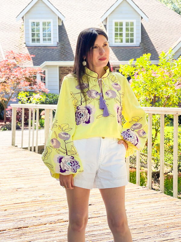 Embroidered Blouse, Yellow Blouse Linen, ethno, style boho chic, Bohemian, Vyshyvanka Multi Color Embroidery Linen, Ukrainian embroidery