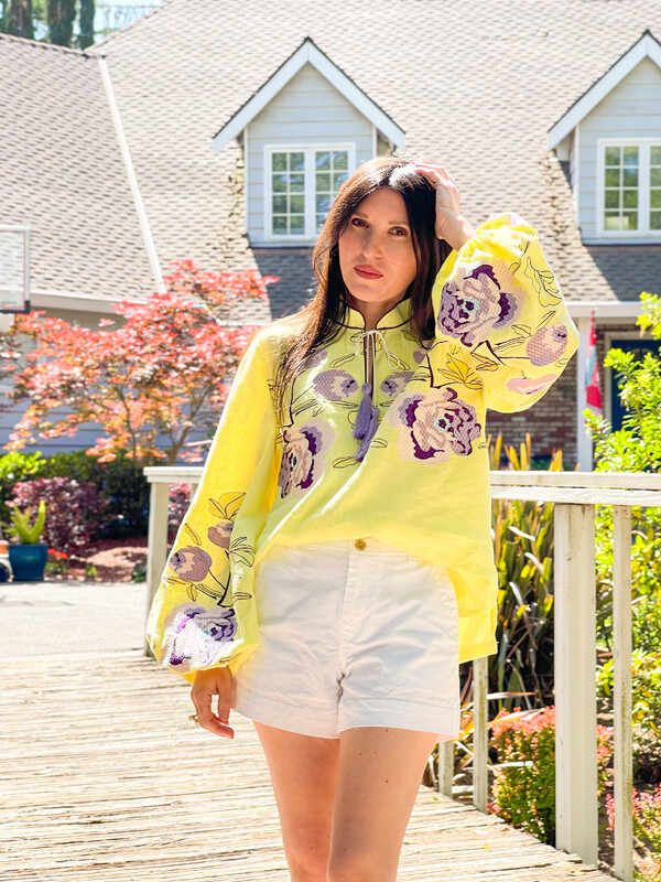 Embroidered Blouse, Yellow Blouse Linen, ethno, style boho chic, Bohemian, Vyshyvanka Multi Color Embroidery Linen, Ukrainian embroidery