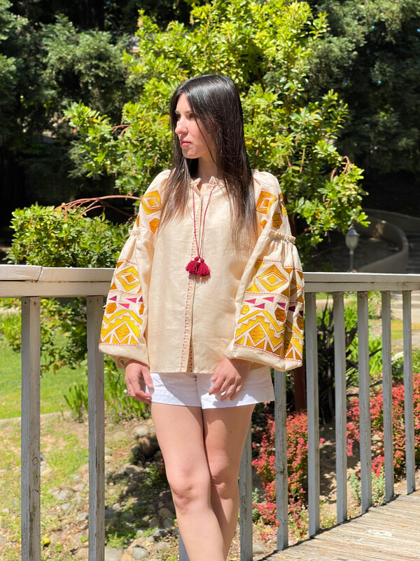 Beige Embroidered Blouse Vyshyvanka style boho chic Embroidered clothes Vyshyvanka  Multi Color Embroidery Linen Ukrainian embroider Embroidered Blouse 