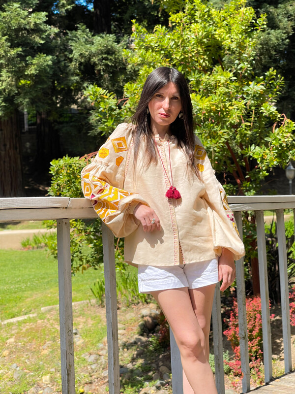 Beige Embroidered Blouse Vyshyvanka style boho chic Embroidered clothes Vyshyvanka  Multi Color Embroidery Linen Ukrainian embroider Embroidered Blouse 