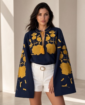 Blouse Embroidered clothes Vyshyvanka Gold Embroidery Linen Ukrainian embroider Embroidered Dark Blue Blouse Long Sleeves