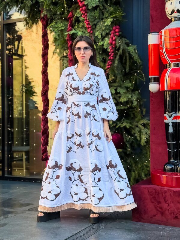 Stylish Maxi Dress Embroidered White Vyshyvanka  Dress Linen Ukrainian