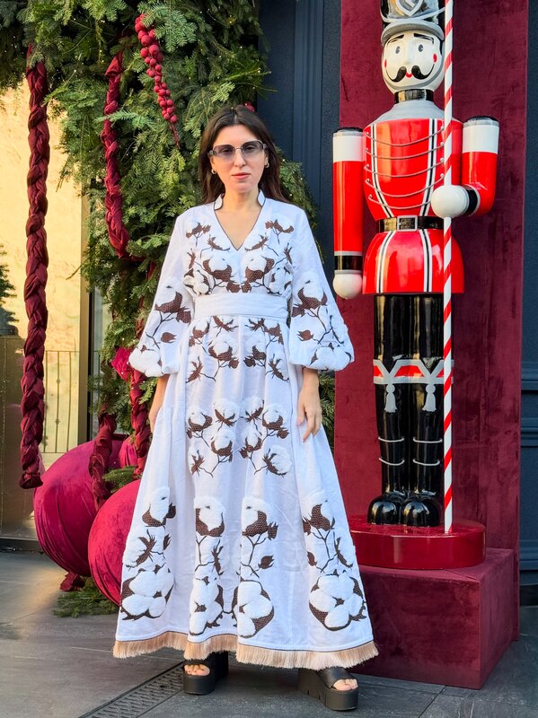 Stylish Maxi Dress Embroidered White Vyshyvanka  Dress Linen Ukrainian