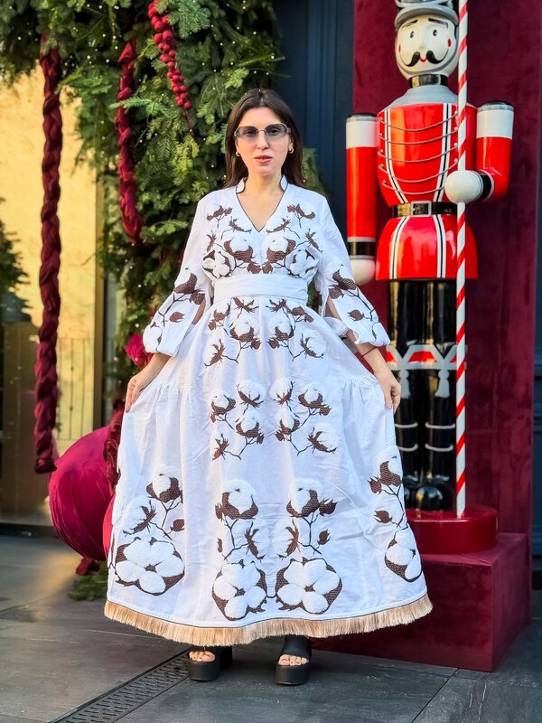 Stylish Maxi Dress Embroidered White Vyshyvanka  Dress Linen Ukrainian
