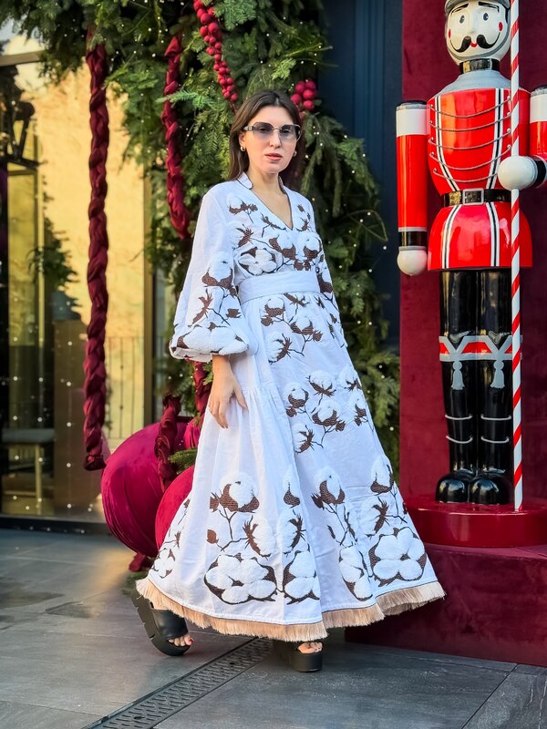 Stylish Maxi Dress Embroidered White Vyshyvanka  Dress Linen Ukrainian
