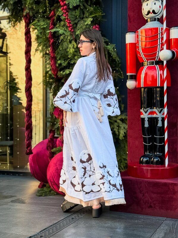 Stylish Maxi Dress Embroidered White Vyshyvanka  Dress Linen Ukrainian