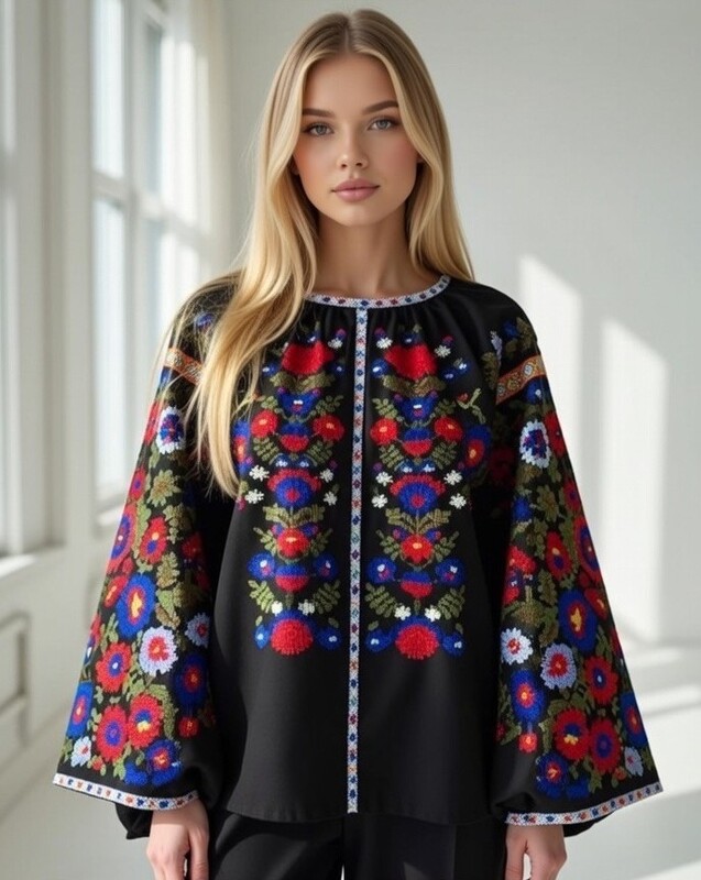 Blouse Black Vyshyvanka Linen Boho style, ethno Ukrainian embroidery, Embroidered clothes