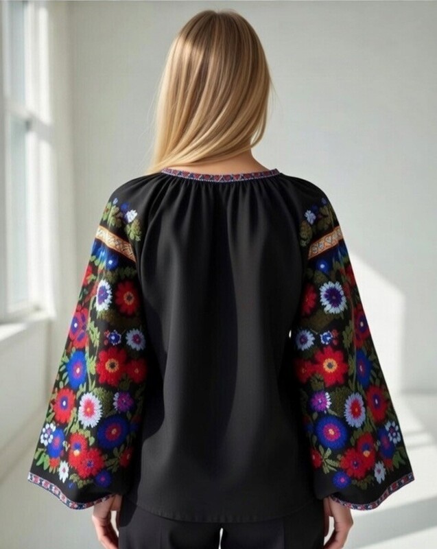 Blouse Black Vyshyvanka Linen Boho style, ethno Ukrainian embroidery, Embroidered clothes