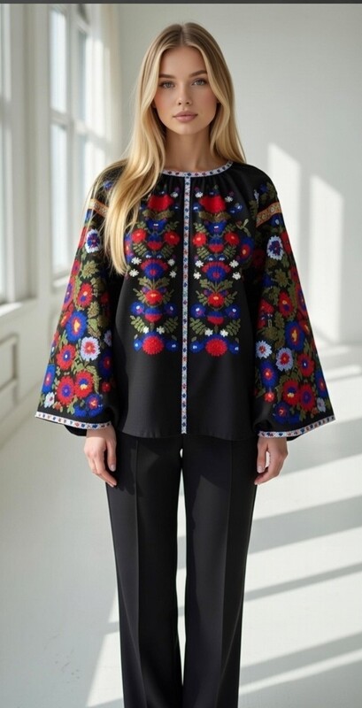 Blouse Black Vyshyvanka Linen Boho style, ethno Ukrainian embroidery, Embroidered clothes
