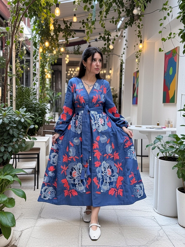 Stylish Maxi Dress Embroidered Vyshyvanka Blue Dress Linen Ukrainian