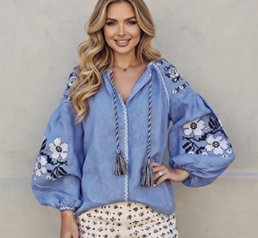 Vyshyvanka Embroidered Blouse, Blue Blouse Linen, ethno, style boho chic, Bohemian, Vyshyvanka Multi Color Embroidery Linen, Ukrainian embroidery