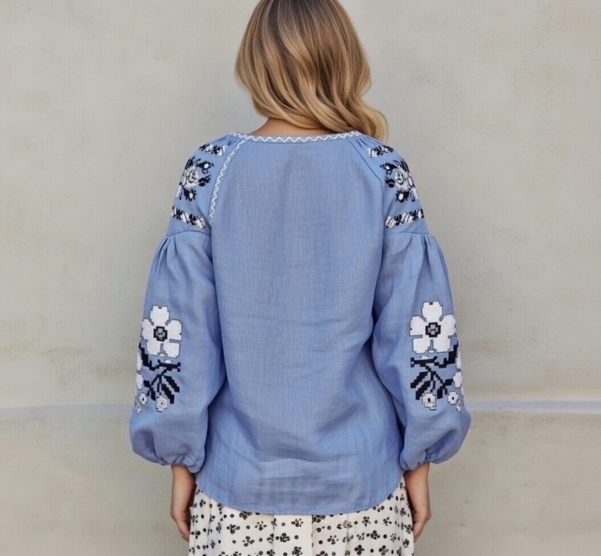 Vyshyvanka Embroidered Blouse, Blue Blouse Linen, ethno, style boho chic, Bohemian, Vyshyvanka Multi Color Embroidery Linen, Ukrainian embroidery