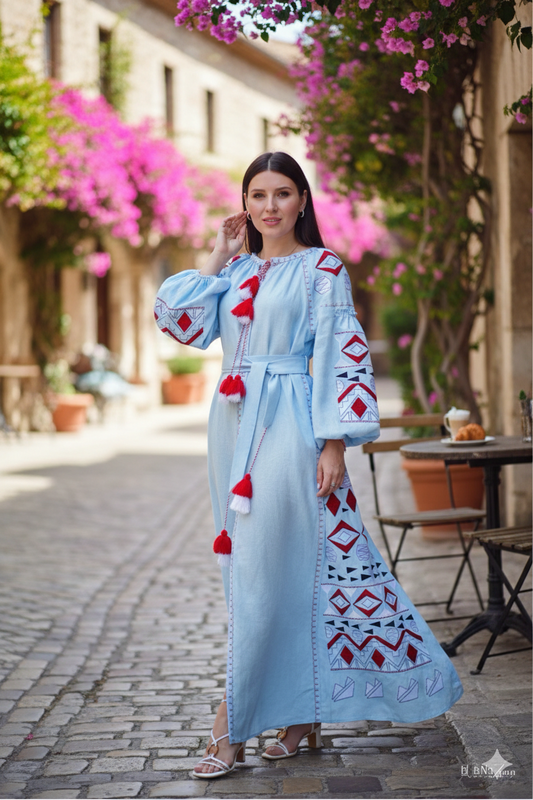 Blue Maxi Dress Embroidered Vyshyvanka Dress Embroidered Linen Mini Dress