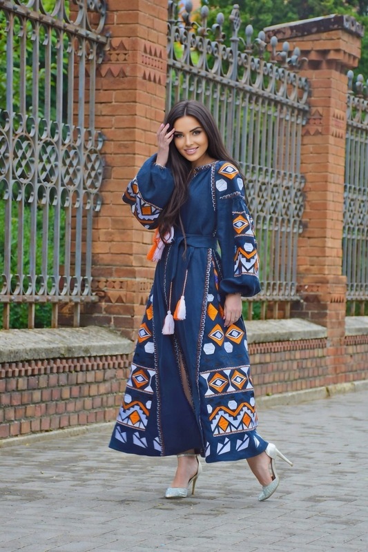 Blue Dress Boho Embroidered Vyshyvanka Dress Embroidery Linen Maxi Dress