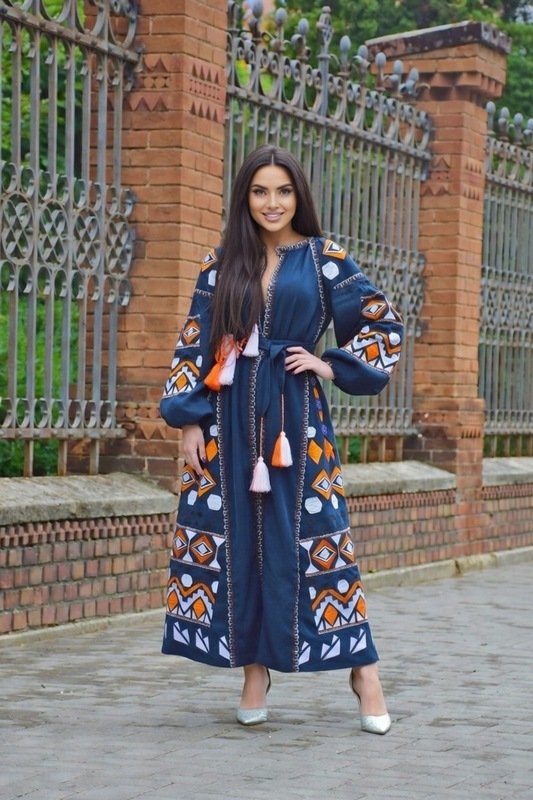 Blue Dress Boho Embroidered Vyshyvanka Dress Embroidery Linen Maxi Dress