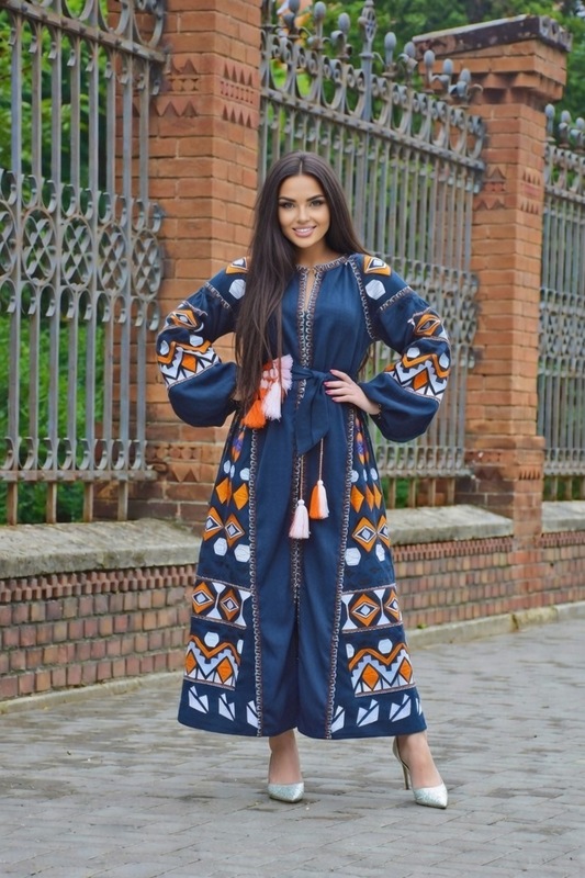 Blue Dress Boho Embroidered Vyshyvanka Dress Embroidery Linen Maxi Dress