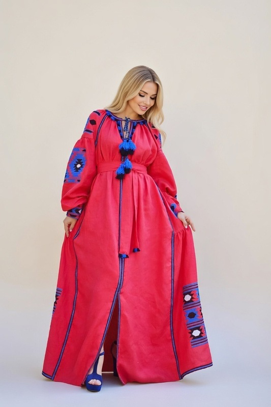 Embroidered Red Maxi Linen Dress Vyshyvanka Ukrainian embroidery