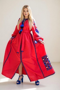 Embroidered Red Maxi Linen Dress Vyshyvanka Ukrainian embroidery