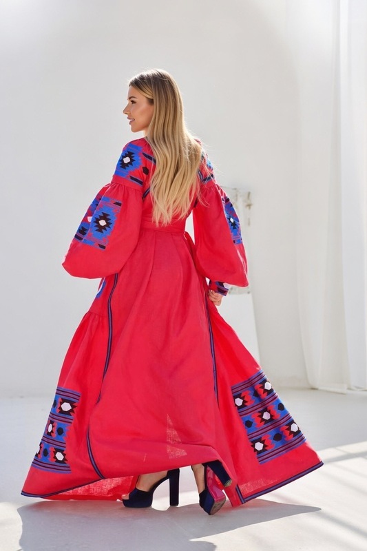 Embroidered Red Maxi Linen Dress Vyshyvanka Ukrainian embroidery