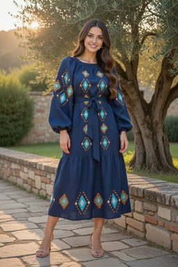 Blue Dress Color Embroidery Linen Dress Embroidered Vyshyvanka Dress Ukrainian