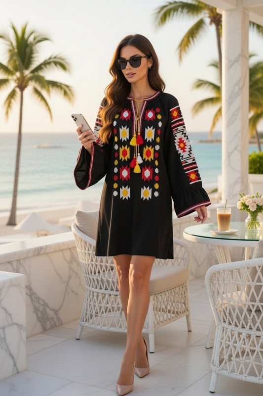 Black Dress Color Embroidery Linen Bohemian Vyshyvanka Ukrainian embroidery Tunic 