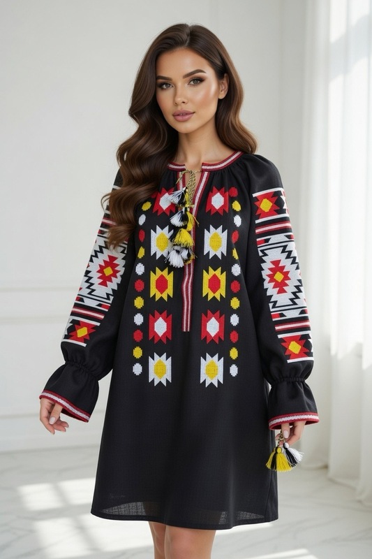 Black Dress Color Embroidery Linen Bohemian Vyshyvanka Ukrainian embroidery Tunic 
