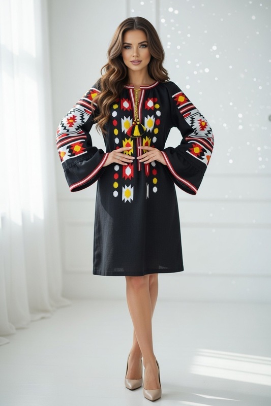 Black Dress Color Embroidery Linen Bohemian Vyshyvanka Ukrainian embroidery Tunic 