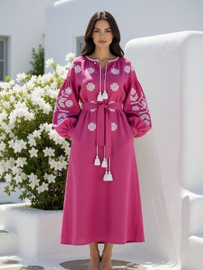 Pink Dress Embroidered Embroidery Linen Dress