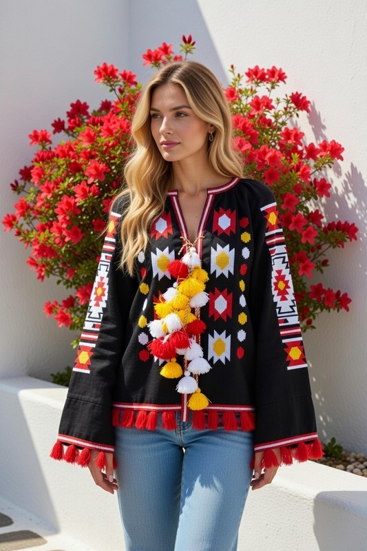 Black Blouse Vyshyvanka  Linen Boho style Bohemian, ethno Ukrainian embroidery, Embroidered clothes, Tunic 