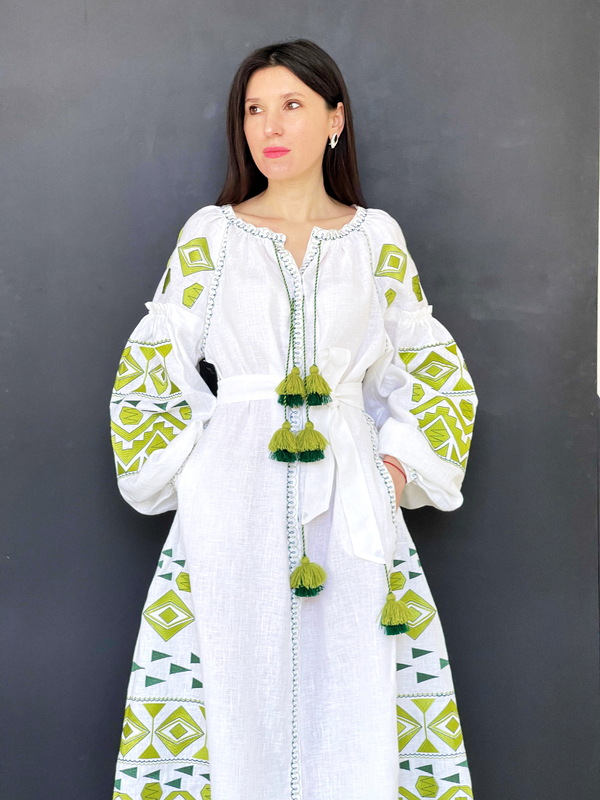 Embroidered Dress White Embroidery, White Linen Dress Vyshyvanka Ukrainian