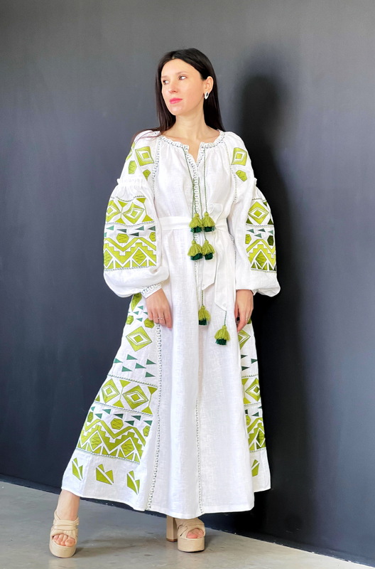 Embroidered Dress White Embroidery, White Linen Dress Vyshyvanka Ukrainian