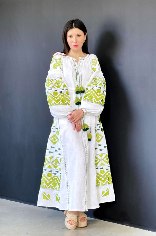 Embroidered Dress White Embroidery, White Linen Dress Vyshyvanka Ukrainian