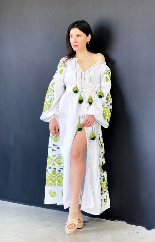 Embroidered Dress White Embroidery, White Linen Dress Vyshyvanka Ukrainian