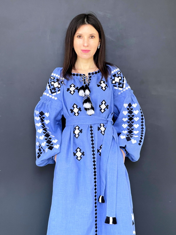 Dress Embroidered Vyshyvanka Blue Linen Maxi Dress Multi Color Embroidery Linen Dress Ukrainian
