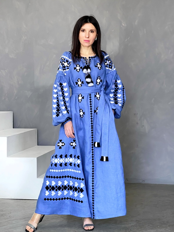 Dress Embroidered Vyshyvanka Blue Linen Maxi Dress Multi Color Embroidery Linen Dress Ukrainian