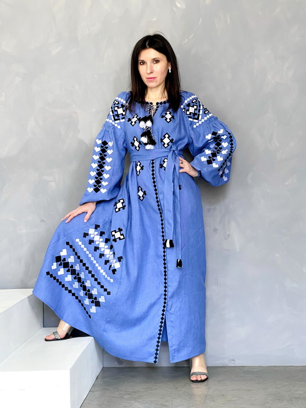 Dress Embroidered Vyshyvanka Blue Linen Maxi Dress Multi Color Embroidery Linen Dress Ukrainian