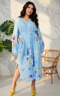 Dress Embroidered Vyshyvanka Blue Maxi Dress Linen, Dress Ukrainian