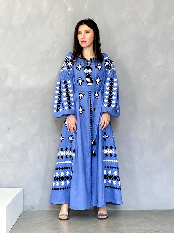 Dress Embroidered Vyshyvanka Blue Linen Maxi Dress Multi Color Embroidery Linen Dress Ukrainian