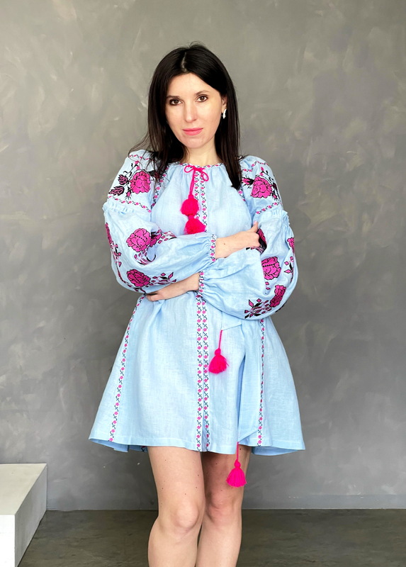 Short Dress Embroidered Blue Dress Vyshyvanka Embroidered Linen Mini Dress