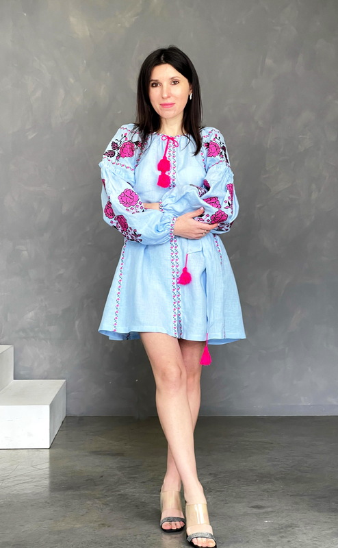 Short Dress Embroidered Blue Dress Vyshyvanka Embroidered Linen Mini Dress