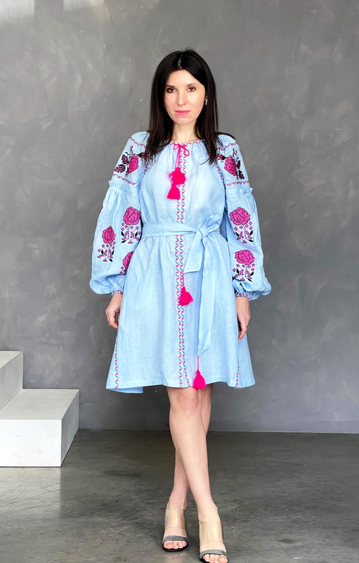 Short Dress Embroidered Blue Dress Vyshyvanka Embroidered Linen Mini Dress