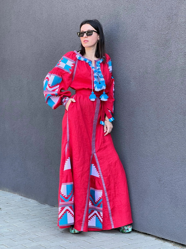 Dress Boho Four Embroidered Wedges, Red Dress Ukrainian embroidery