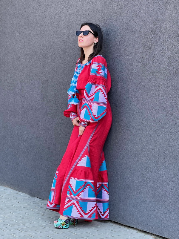 Dress Boho Four Embroidered Wedges, Red Dress Ukrainian embroidery