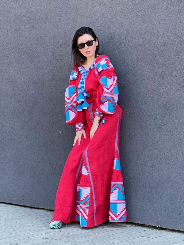 Dress Boho Four Embroidered Wedges, Red Dress Ukrainian embroidery