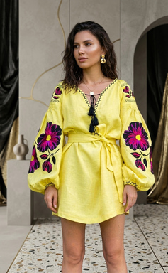 Yellow Dress Multi Color Embroidery Linen Dress Ukrainian embroidery Dress Embroidered Vyshyvanka